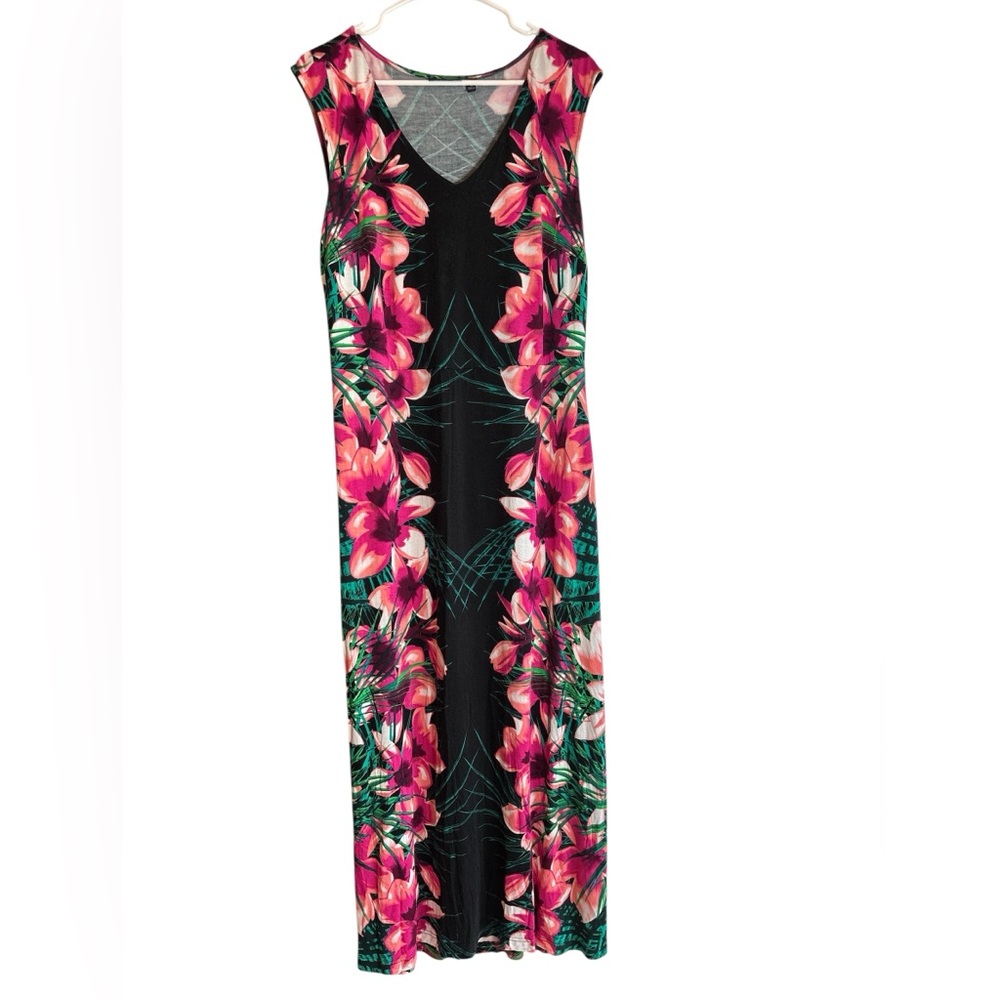 Apt. 9 Woman 1X Tropical Floral Sleeveless Pink and Black Maxi Dress - Picture 2 of 7